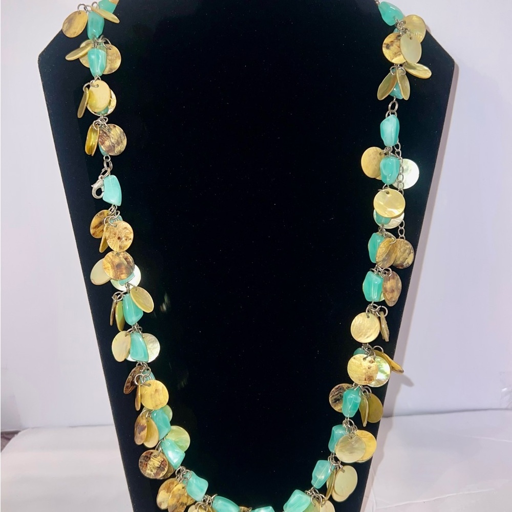 ♦️ Stone & shell layered necklace turquoise stones shiny shell. Good con…‎